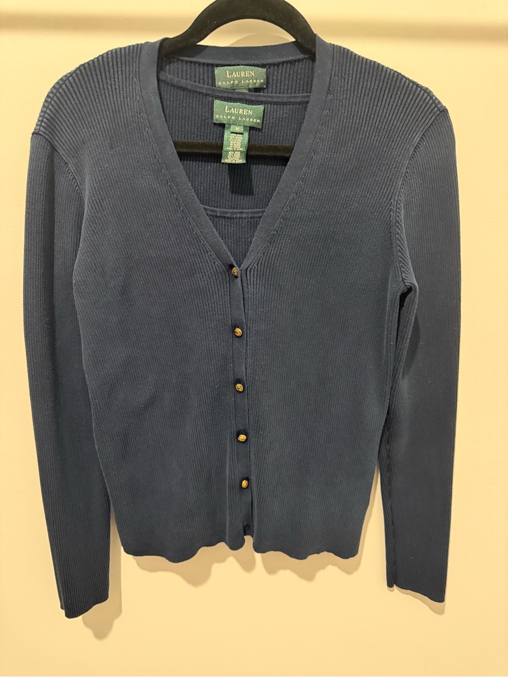 Lauren Ralph Lauren Navy Ribbed V-Neck Cardigan with Gold Buttons